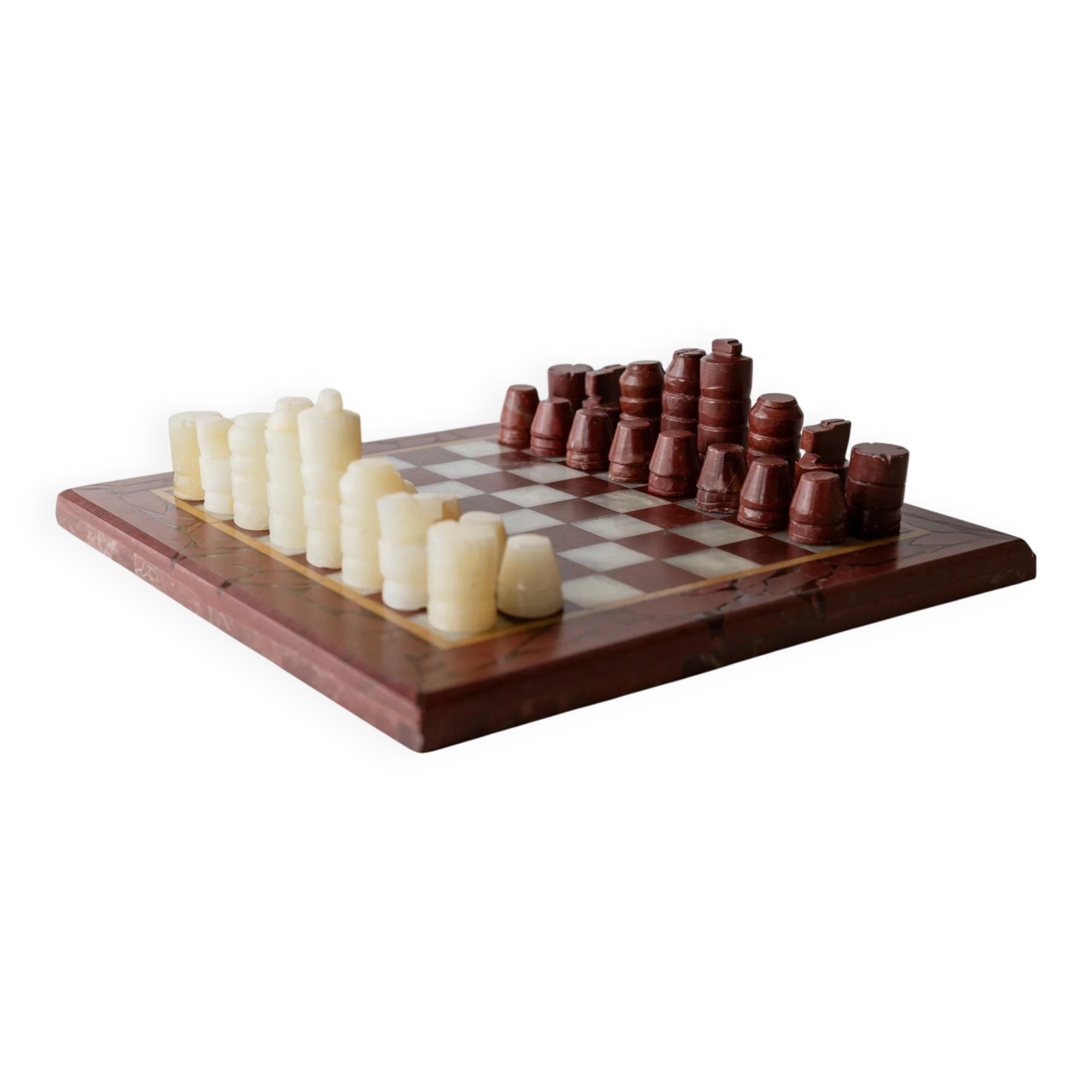 Vintage marble chess set from the 1960s, cream, burgundy and gold board with metal inlay, stone pieces.