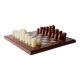 Vintage marble chess set from the 1960s, cream, burgundy and gold board with metal inlay, stone pieces.