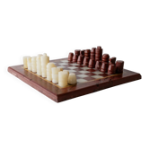 Vintage marble chess set from the 1960s, cream, burgundy and gold board with metal inlay, stone pieces.