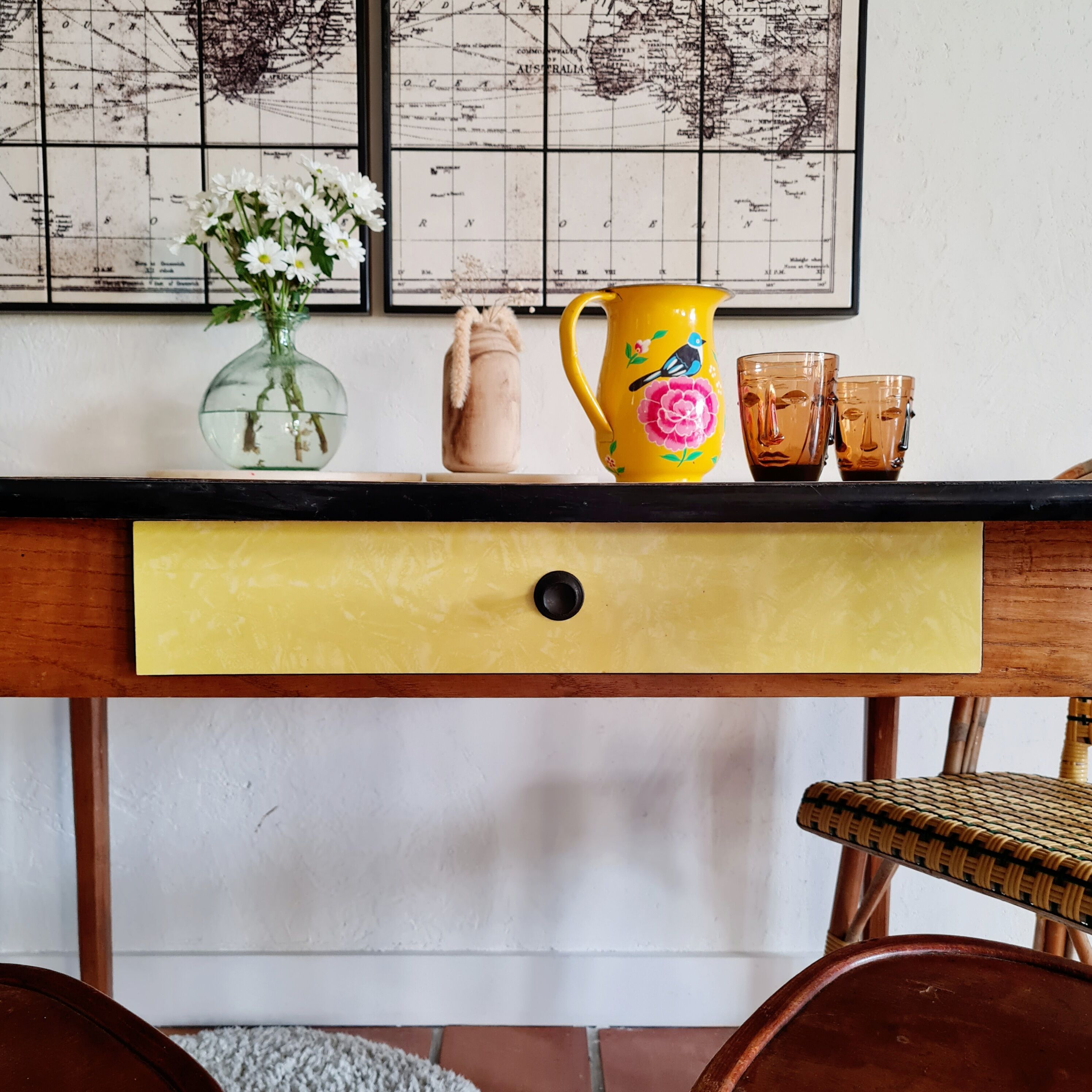 Old wooden farmhouse table and yellow formica top