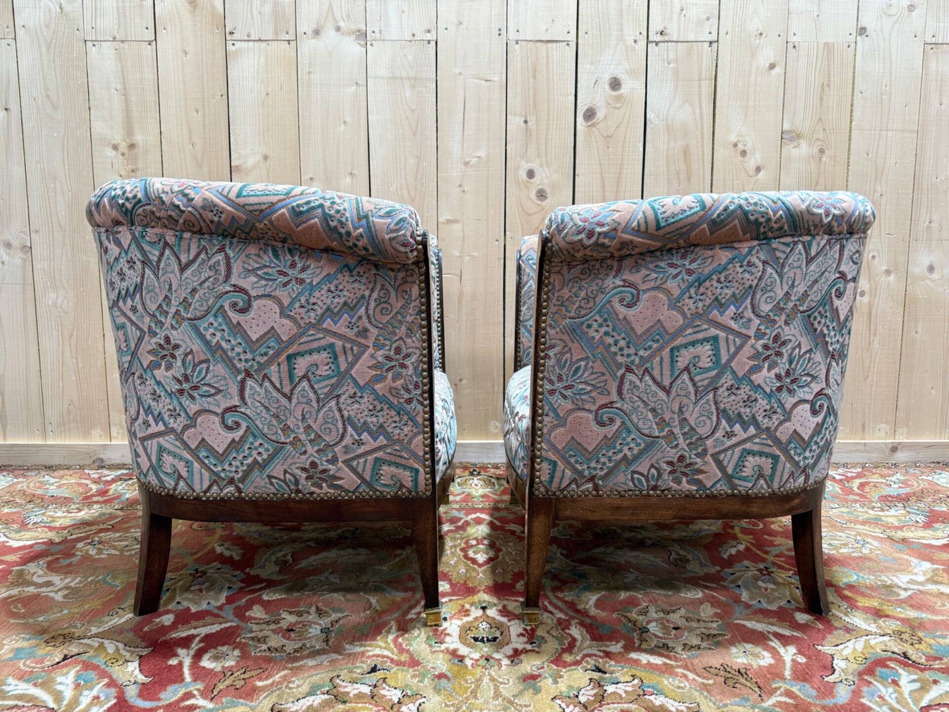 Paire de fauteuils - bergères époque Art Déco en velours coloré