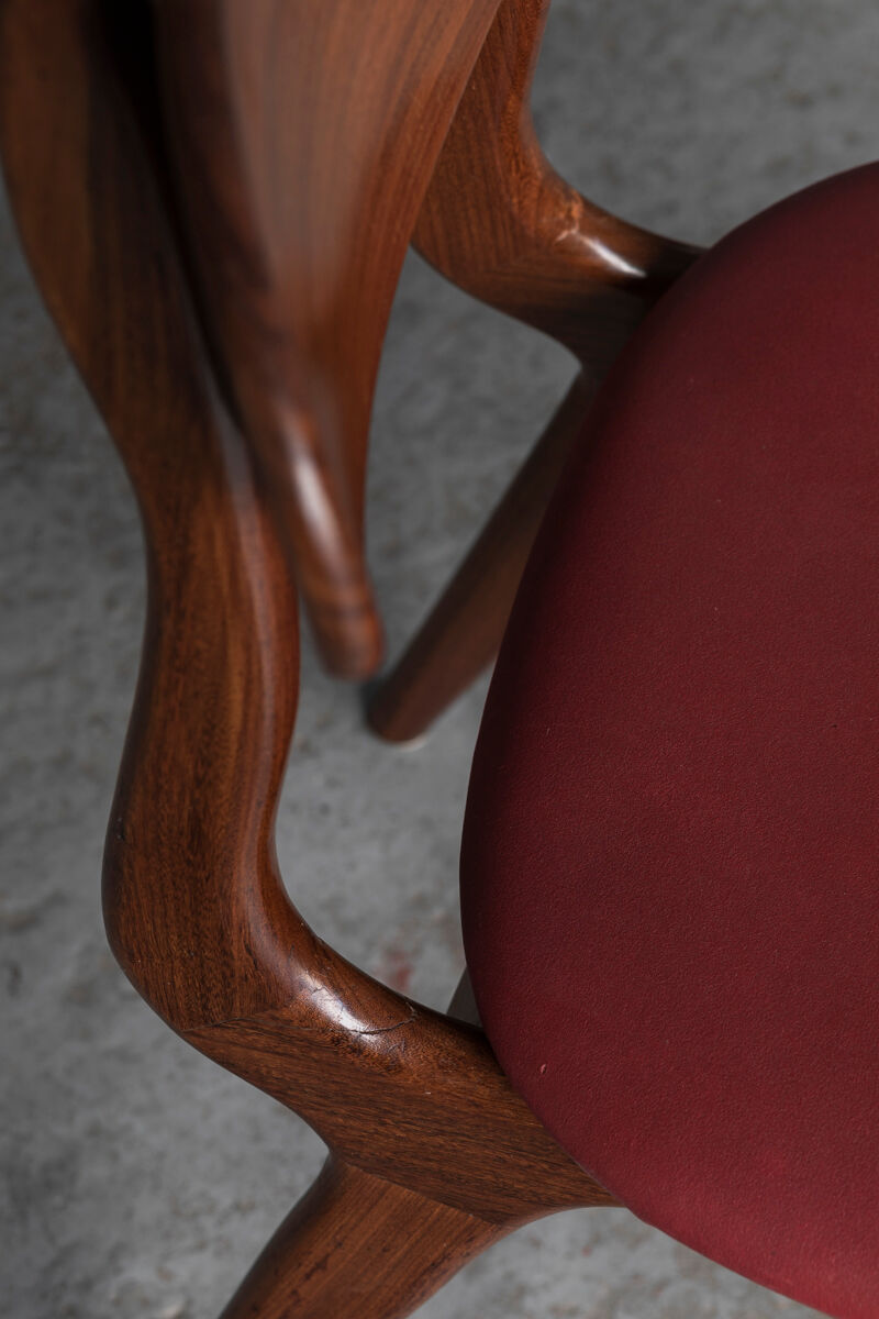 Set of 4 dining chairs in teak and burgundy by Louis van Teeffelen, The Netherlands, 1960’s