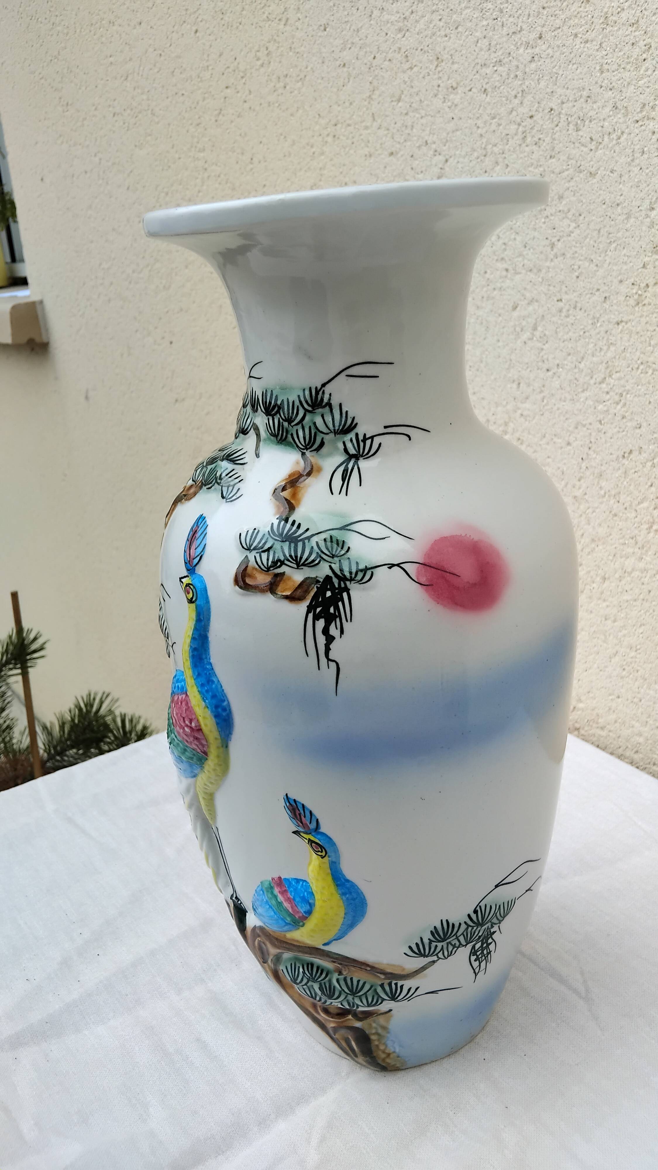 Large earthenware vase with peacock motif
