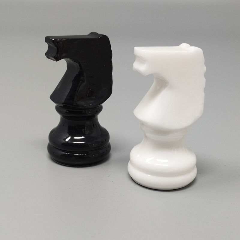 1970s black and white chess set in volterra alabaster handmade made in italy