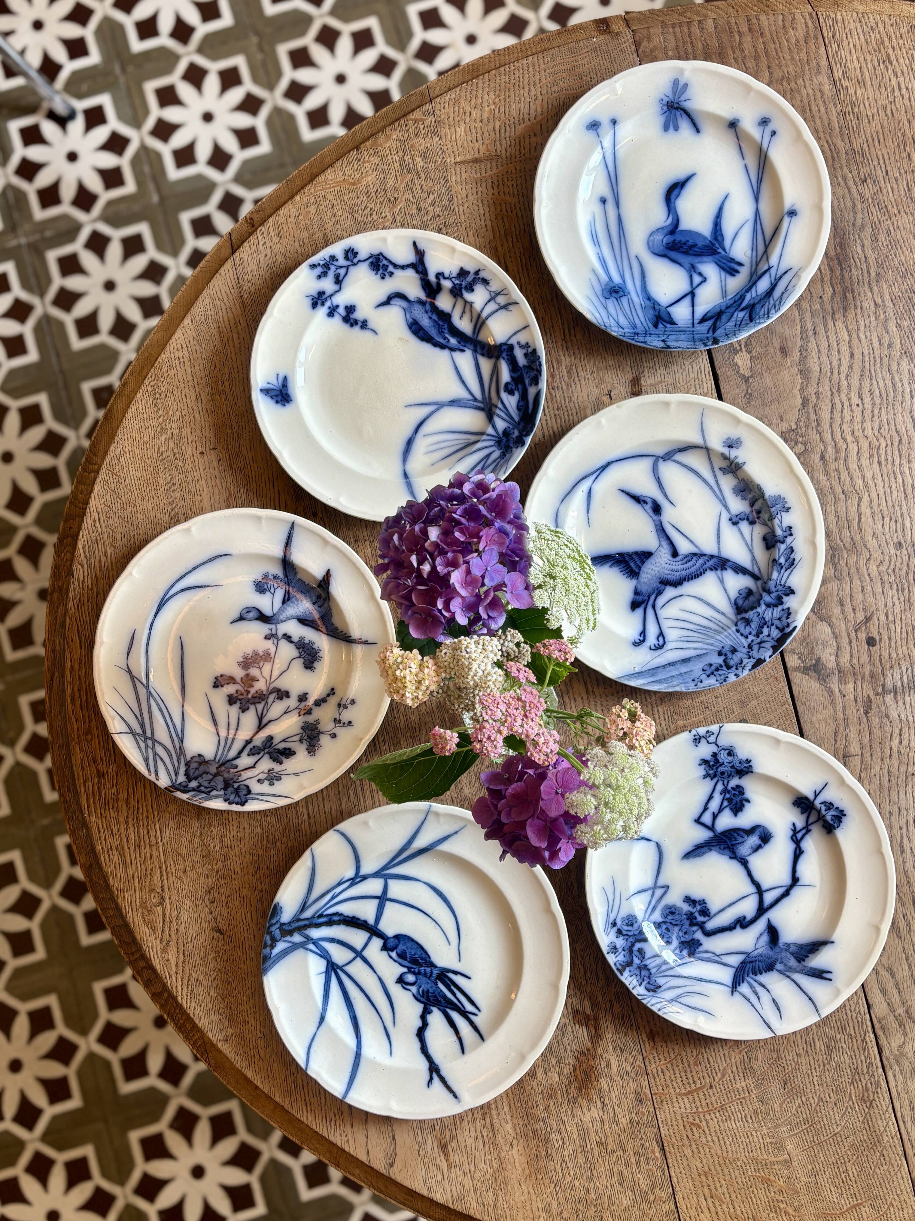 Set of 6 flat ironstone plates - Japanese Model 2 from Longwy
