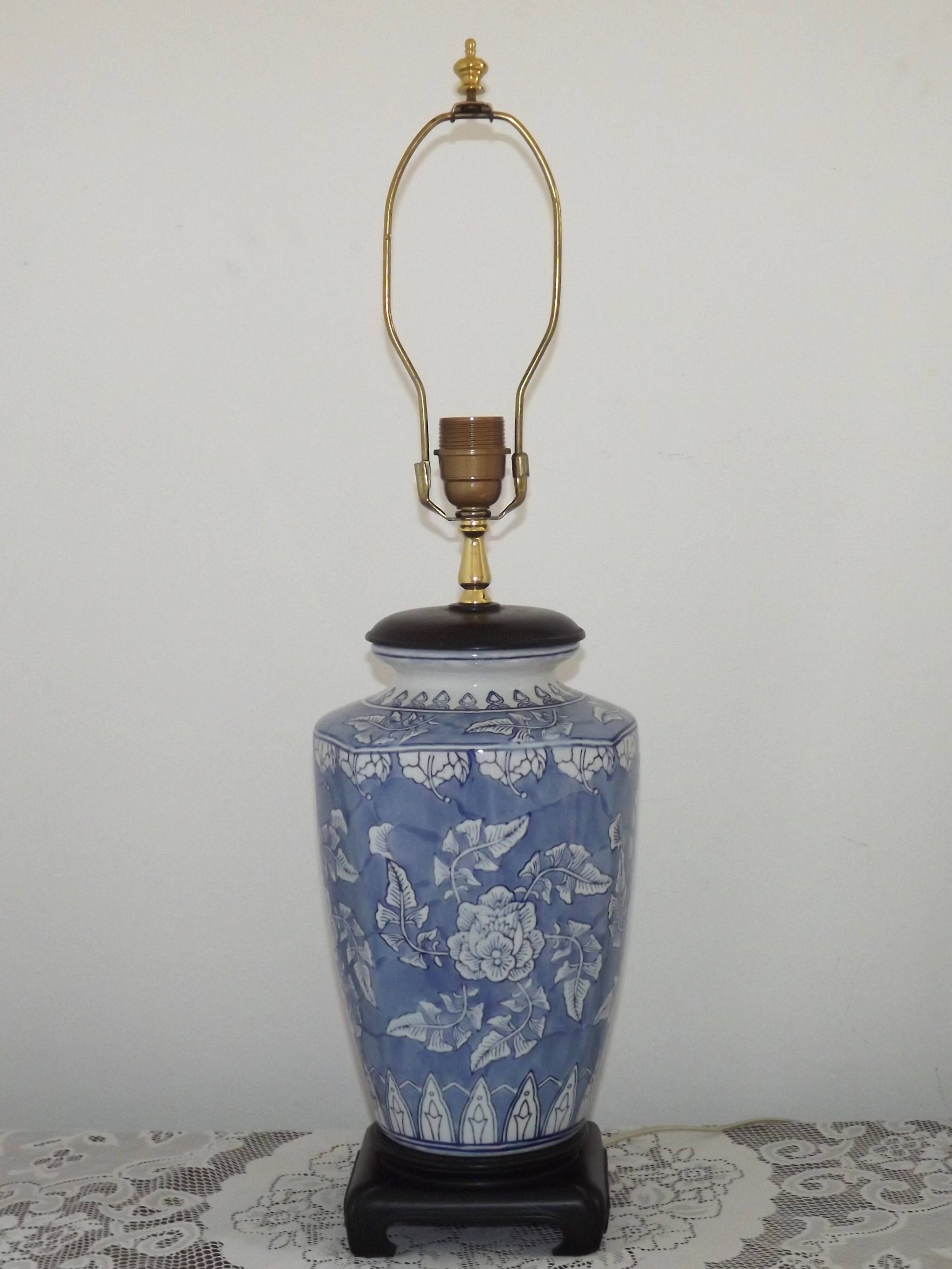 Tall Blue & White Oriental Style Ceramic Table Lamp with Floral Decoration