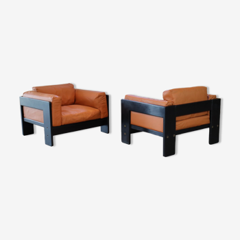 Pair of Bastiano armchairs in cognac leather by Tobia Scarpa for Gavina, Italy 1970s
