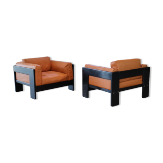 Pair of Bastiano armchairs in cognac leather by Tobia Scarpa for Gavina, Italy 1970s