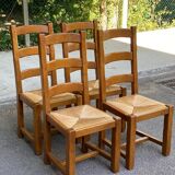 4 chaises à manger bois massif chêne paillées type ferme