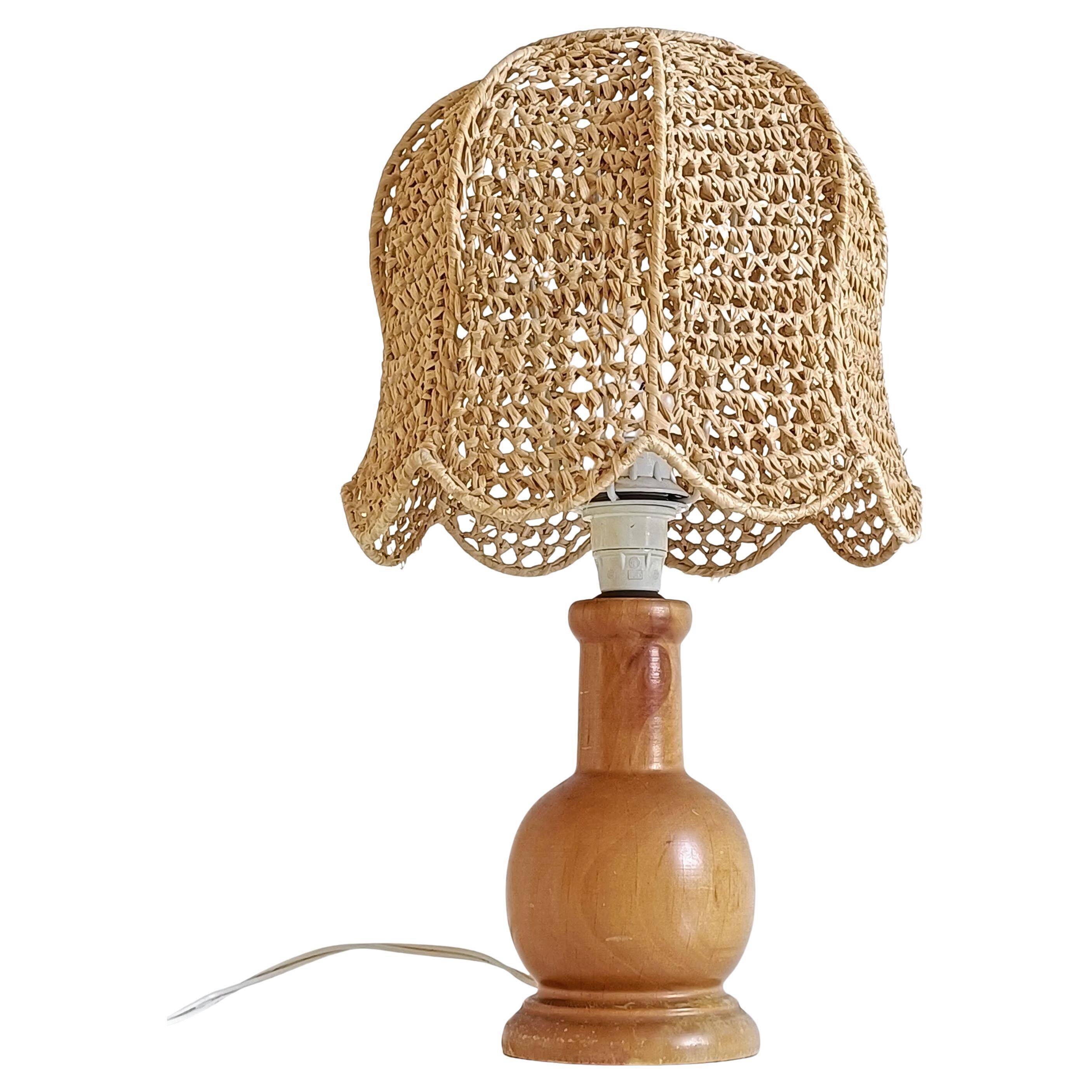 Mid-Century Bohemian Table Lamp, Pine Wood & Raffia, Italy, 1970s