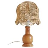 Mid-Century Bohemian Table Lamp, Pine Wood & Raffia, Italy, 1970s