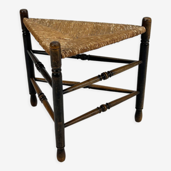 Solid oak and wicker triangular stool, 1950s