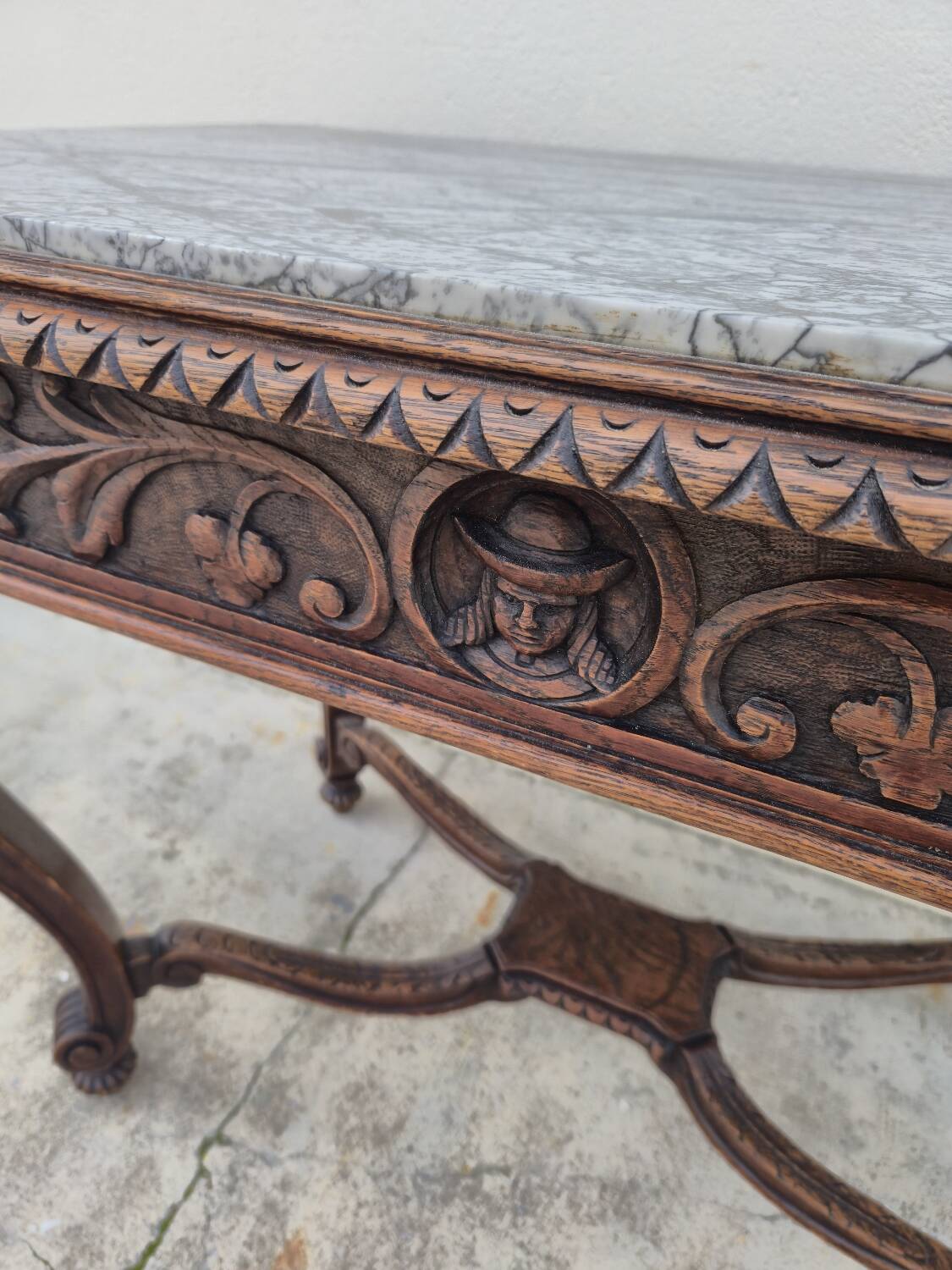 Louis XV style game table in solid oak and richly decorated marble