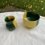 Bol et pot a lait en ceramique émaillé, bicolore jaune et vert vintage 1950