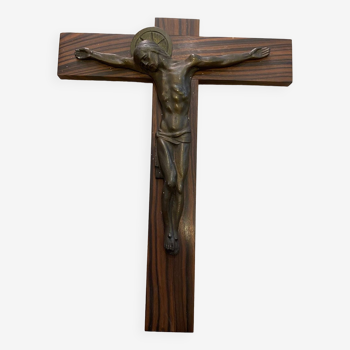 Crucifix in macassar wood with christ bronze signed hartmann