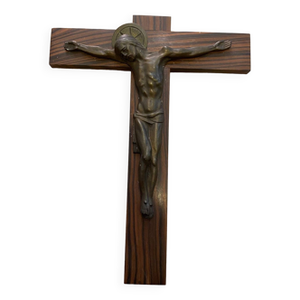 Crucifix en bois de macassar avec christ bronze signe hartmann