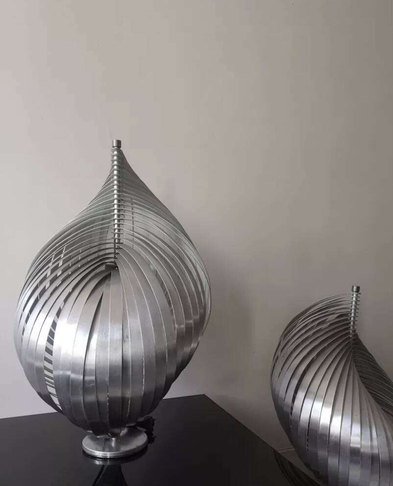 Sculptural table lamp in brushed metal by Henri Mathieu, design 1970.