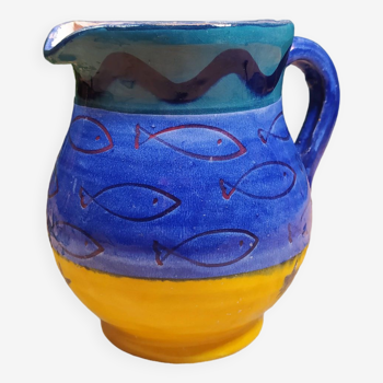 Carafe en Grès Bleu et Jaune à Motifs