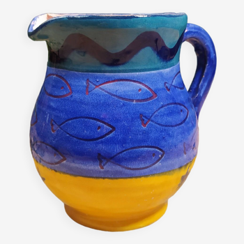 Patterned Blue and Yellow Stoneware Carafe