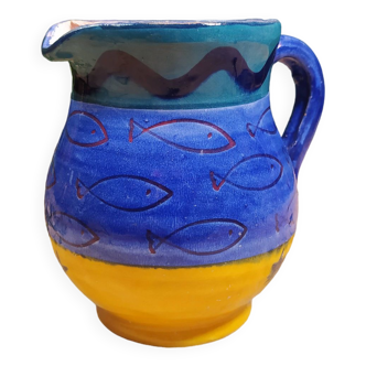 Carafe en Grès Bleu et Jaune à Motifs