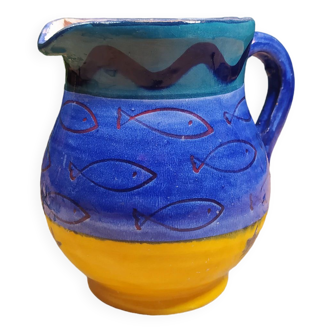 Patterned Blue and Yellow Stoneware Carafe