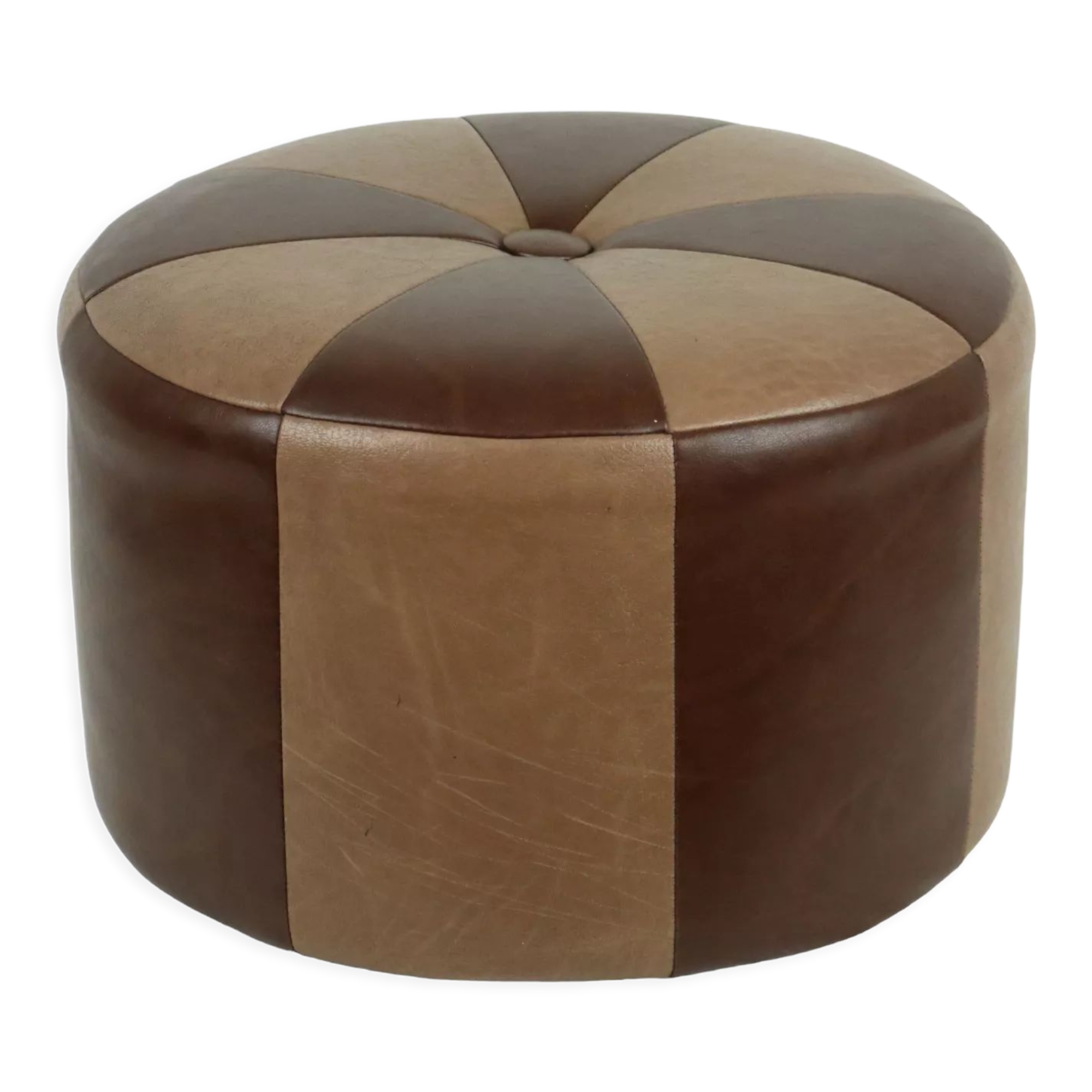 Vintage round pouf skai leather wood footstool brown pattern 44cm