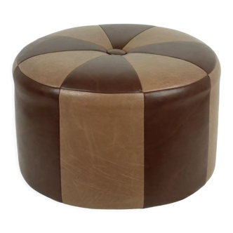 Vintage round pouf skai leather wood footstool brown pattern 44cm