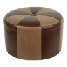 Vintage round pouf skai leather wood footstool brown pattern 44cm
