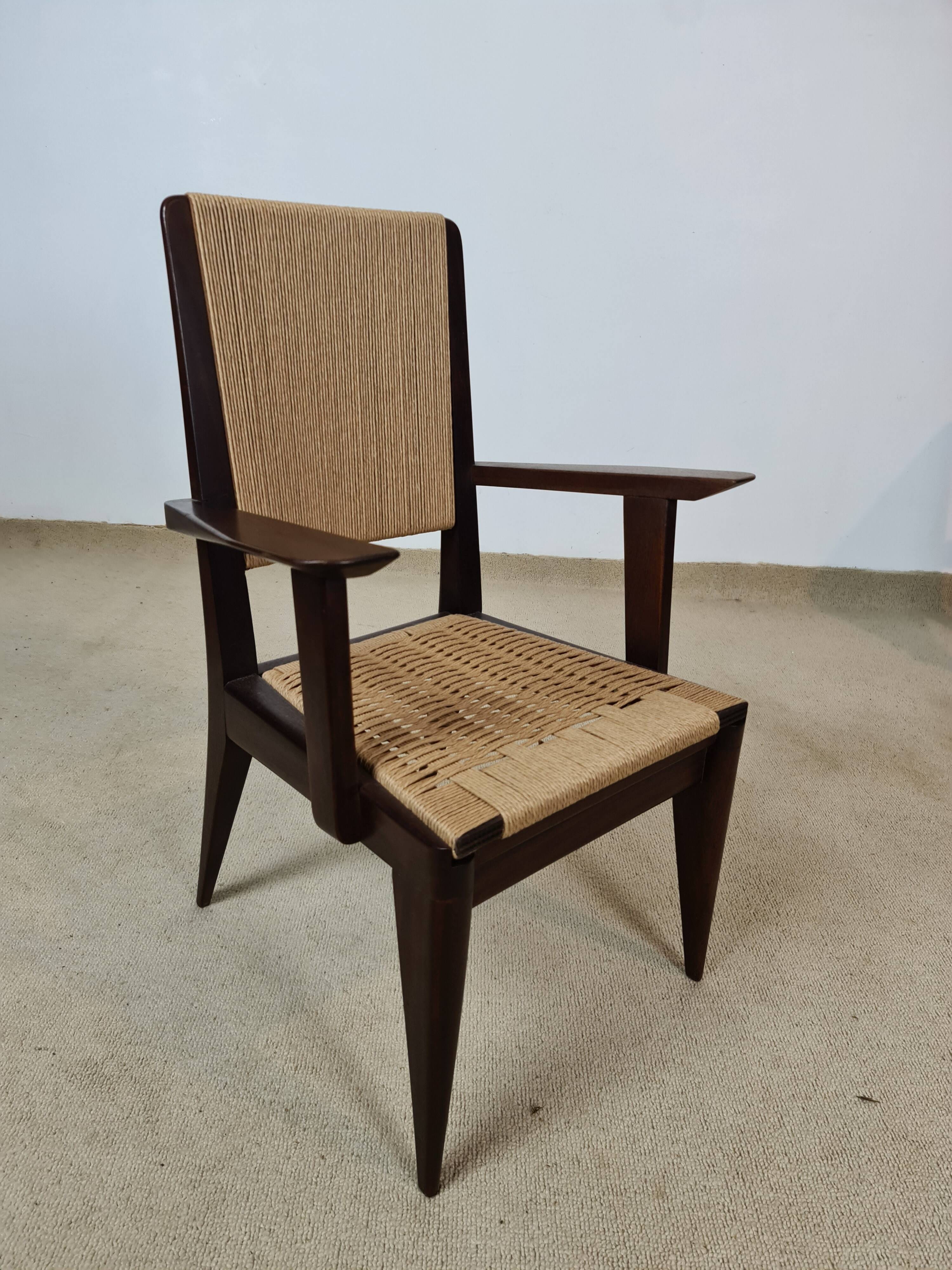 4 French mahogany and rope chairs 1950s