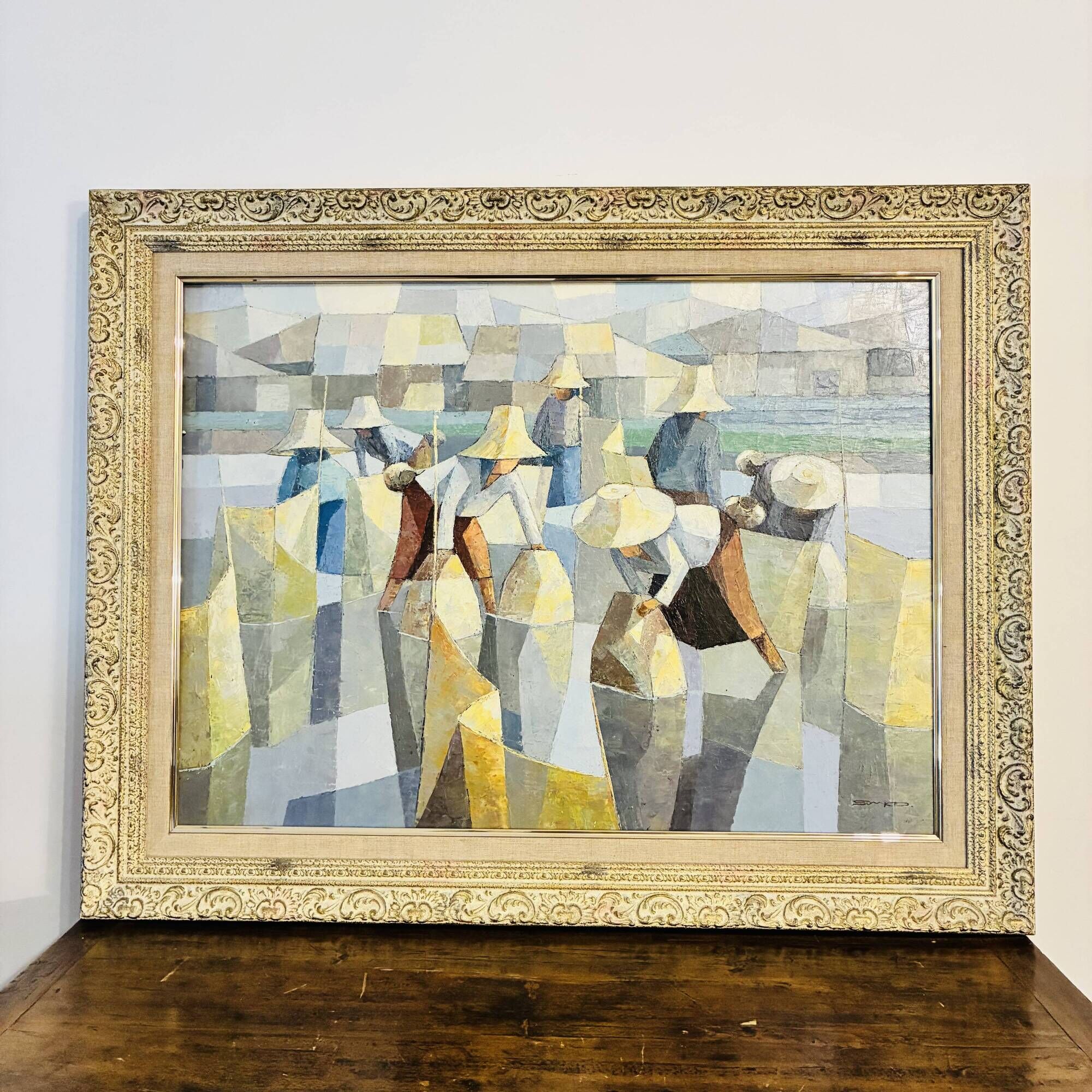 Cubist Oil on Canvas Tableau Rural Scene Asia Saard Thanomwong Signed