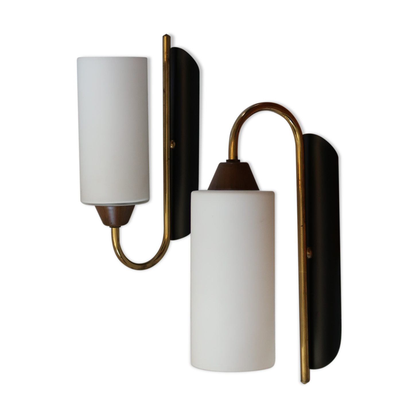 Pair of brass and opalin glass sconces