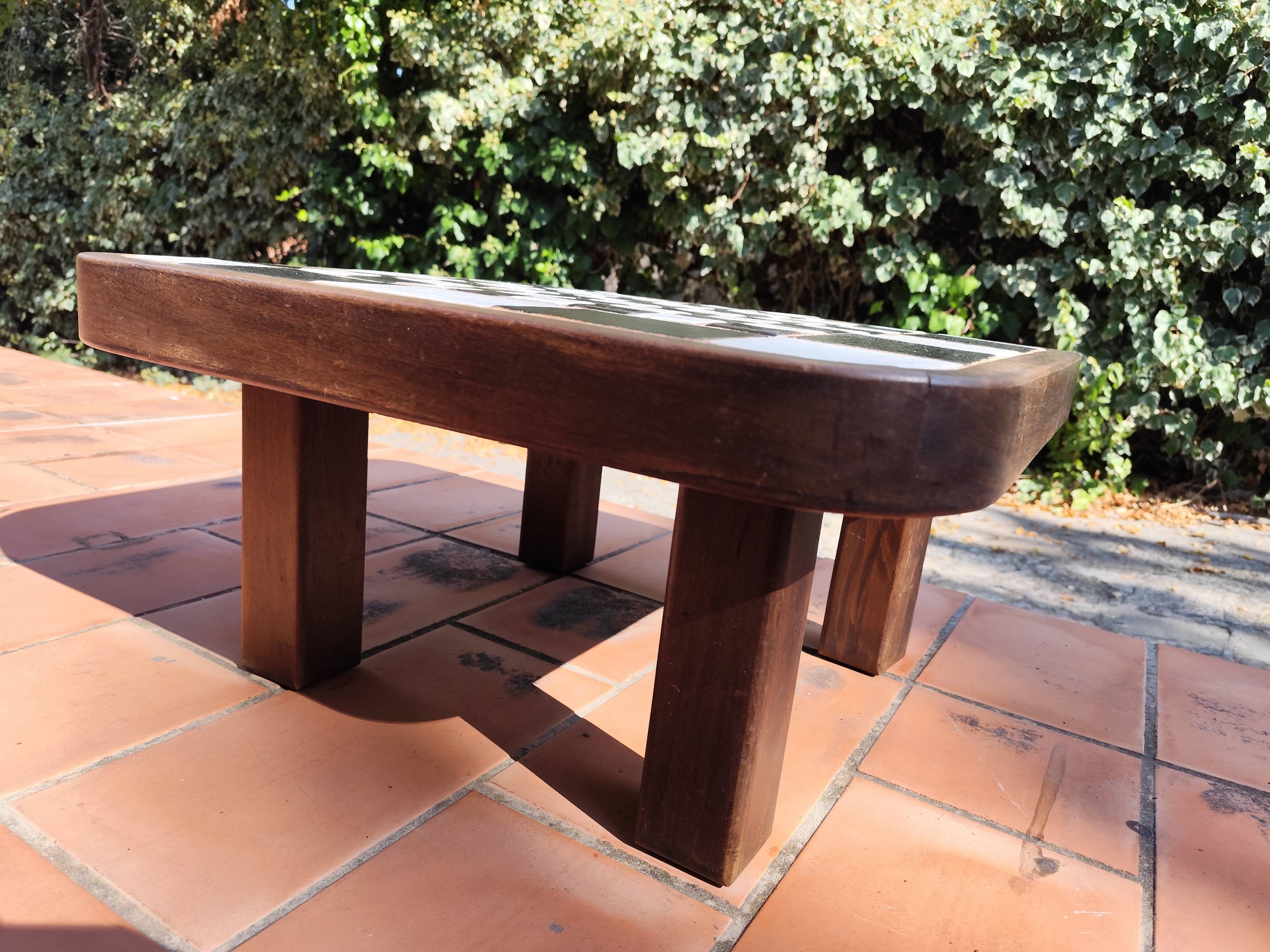 Scandinavian coffee table in wood and ceramic with a checkerboard pattern, 1960s vintage