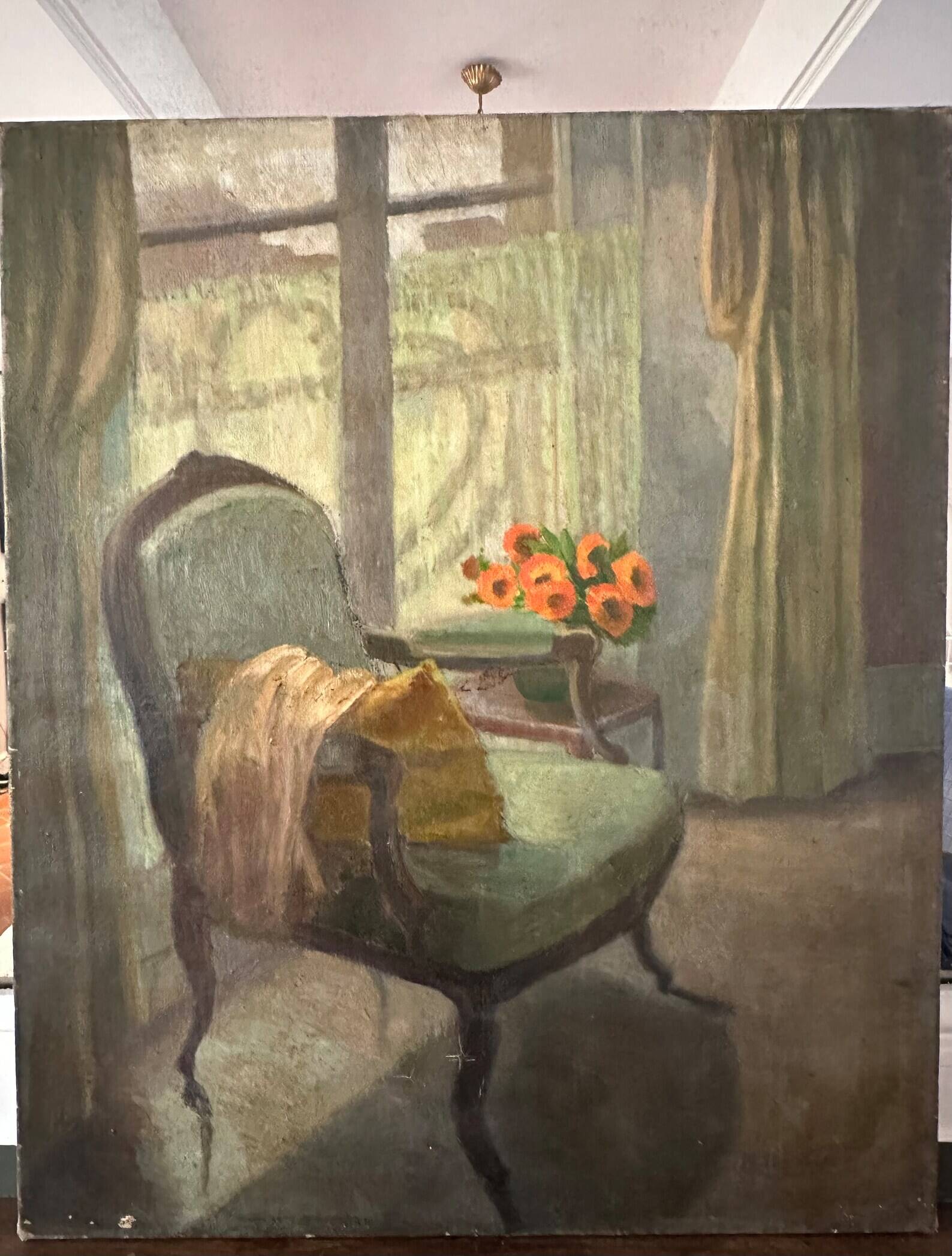 Old painting 1950 interior scene oil on canvas green armchair signed