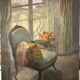 Old painting 1950 interior scene oil on canvas green armchair signed