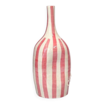 Vase artisanal bouteille rayé rose