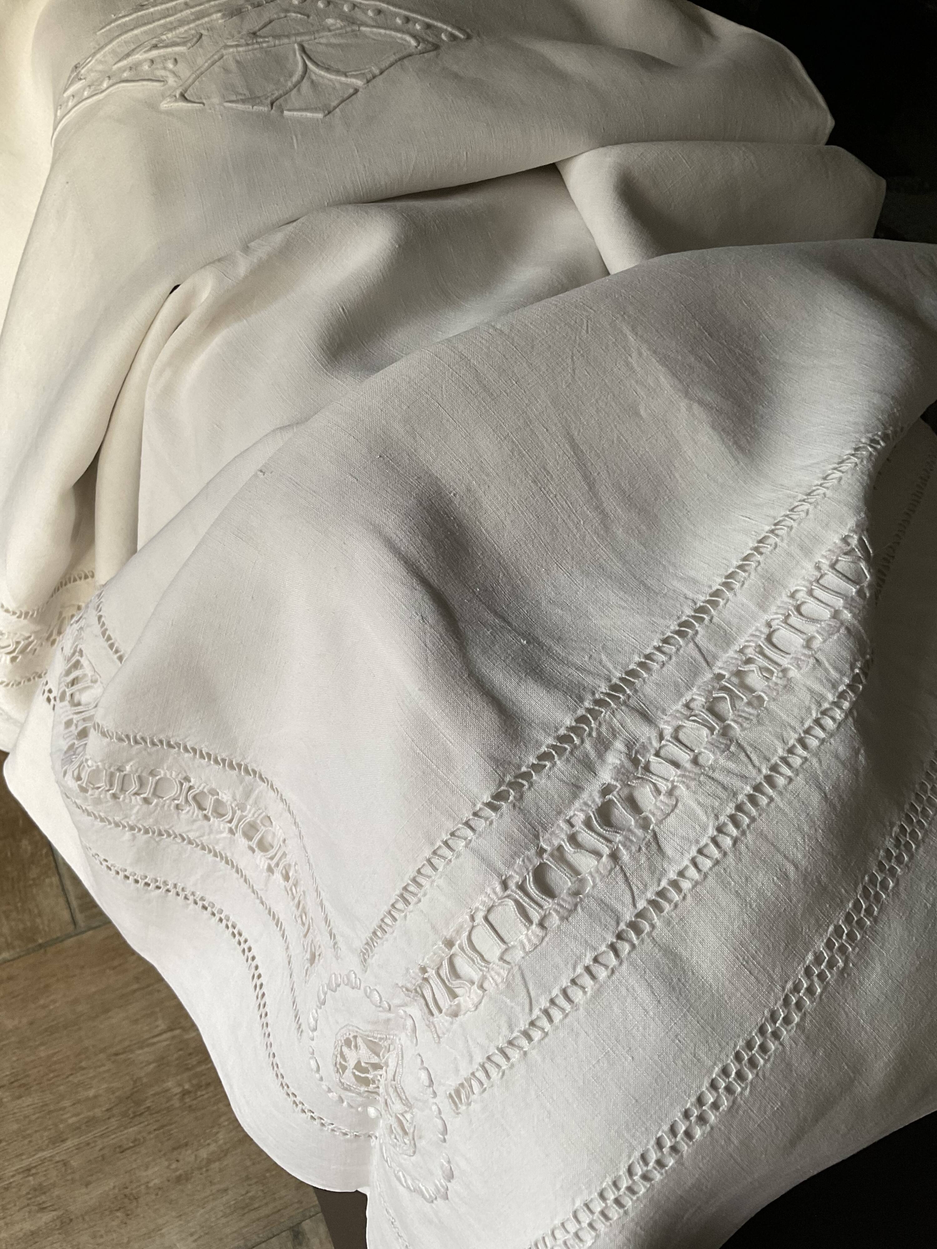 Linen sheet . Old. Monogram M R 207 cm x 300 cm