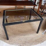 Table d’appoint verre et métal noir et or, 1970