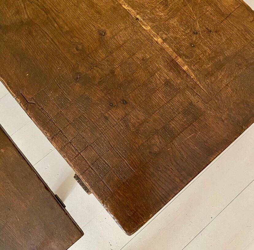 Art Deco German Wabi Sabi Brown Oak Prison Cell Table and Bench, 1930s, Set of 3