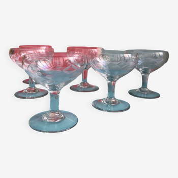 6 engraved glass champagne glasses from the 50s and 60s