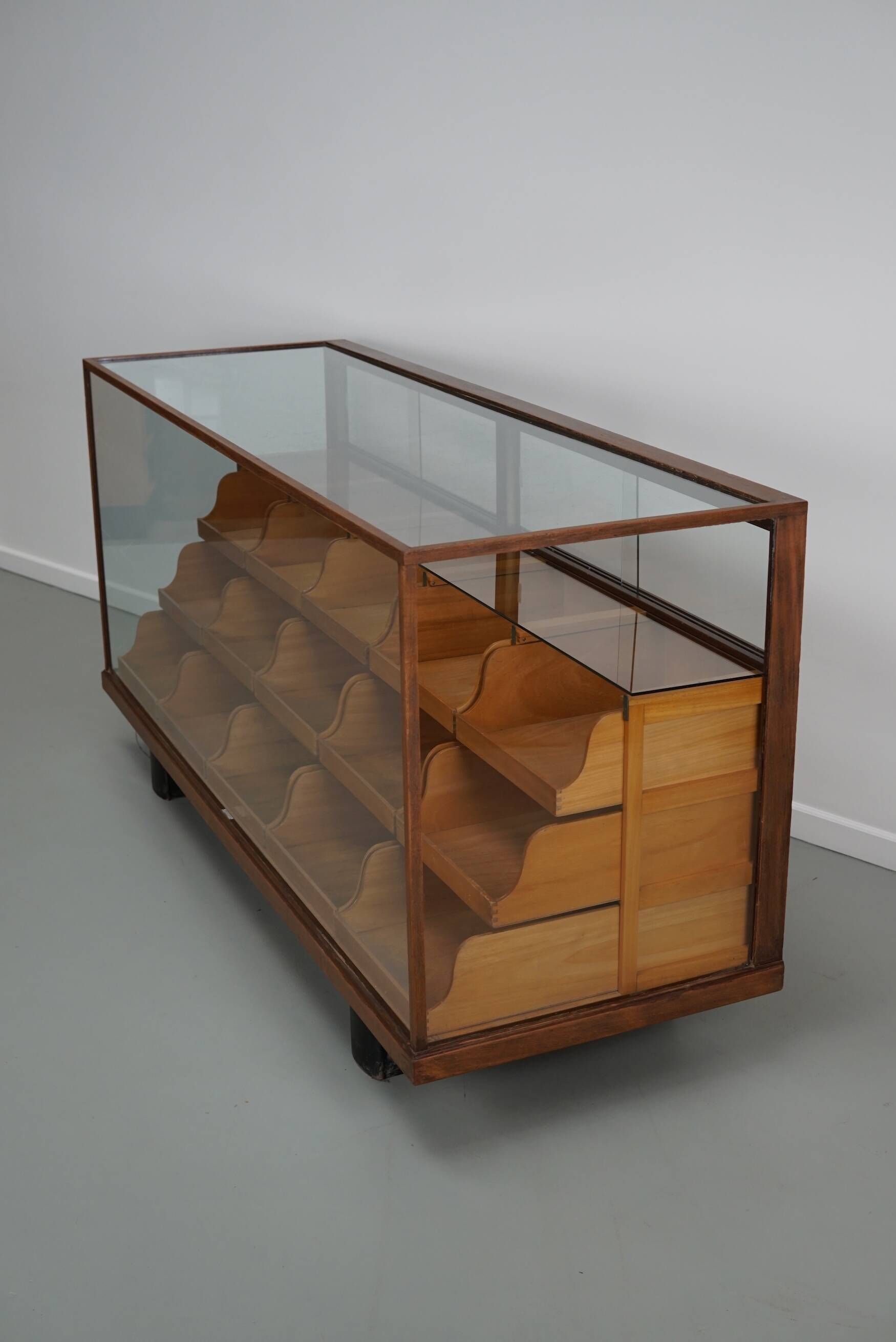 Antique British maple & hardwood haberdashery cabinet or shop counter, 1930s