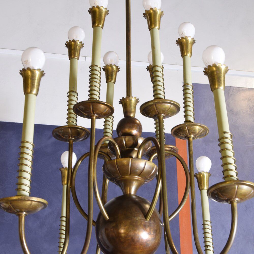 Chandelier with 12 lights in brass, Italy, 1950s