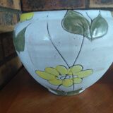 Cache pot vintage motif floral jaune signé Alain Maunier Vallauris