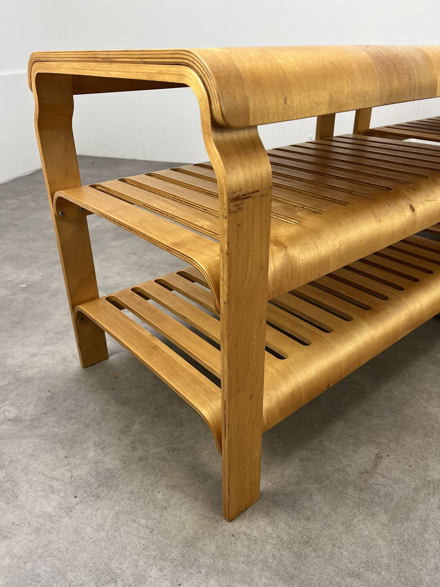 Pair of curved wooden entrance benches 1980