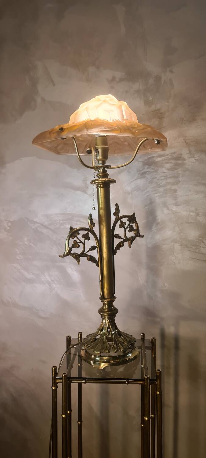 art nouveau bronze and brass lamp and lampshade signed opaque pink degue