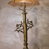 art nouveau bronze and brass lamp and lampshade signed opaque pink degue