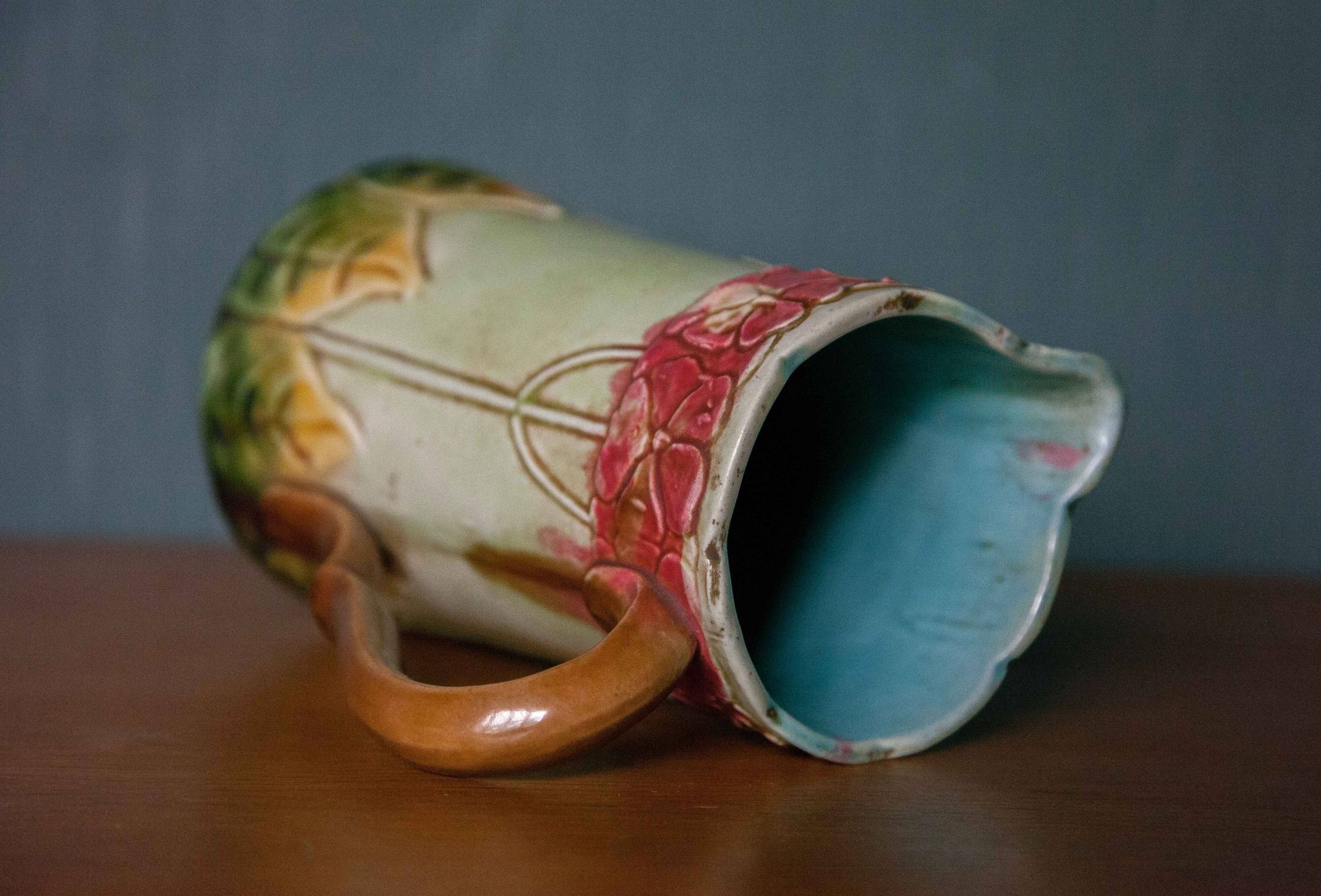 Vintage old earthenware pitcher, French pitcher, Art Nouveau, floral pattern pitcher, kitchen decor