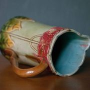 Vintage old earthenware pitcher, French pitcher, Art Nouveau, floral pattern pitcher, kitchen decor