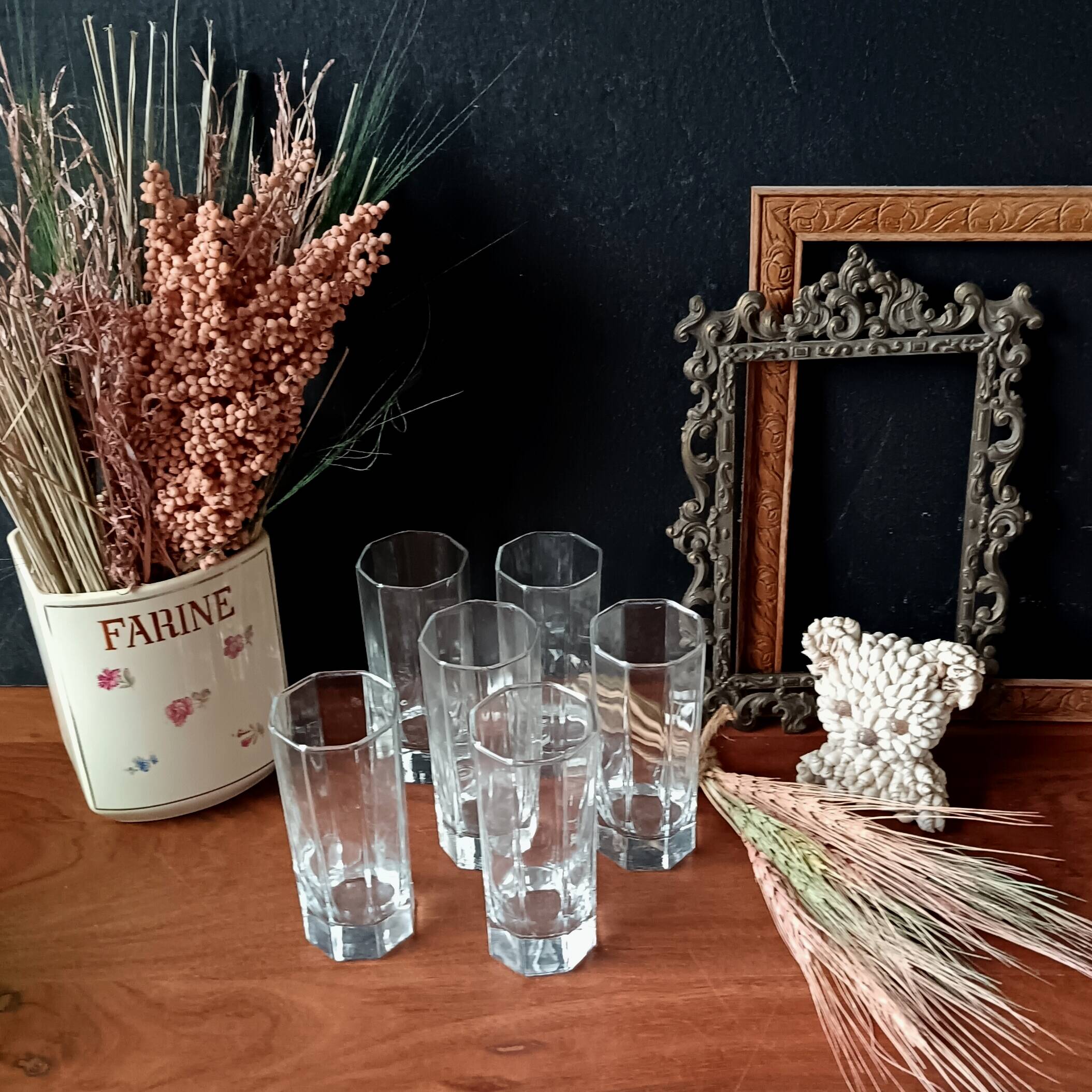 6 tall, octagonal, transparent vintage Luminarc Octime glasses (14 cl capacity)
