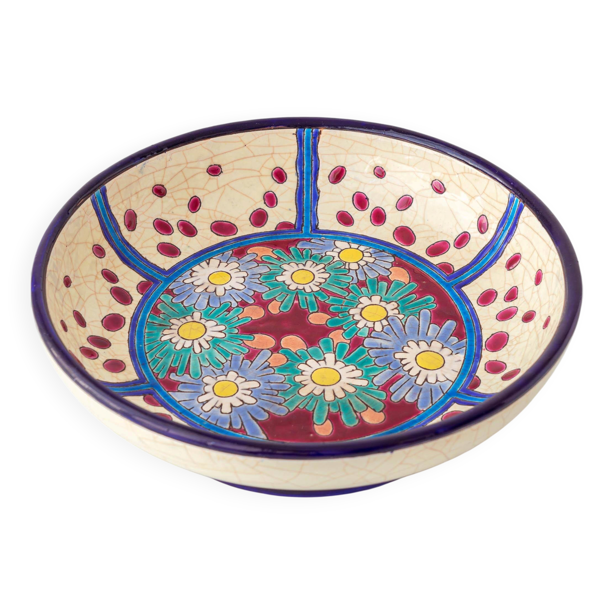 Enamelled cloisonné bowl Art Deco from Longwy, France with daisies, 1930.