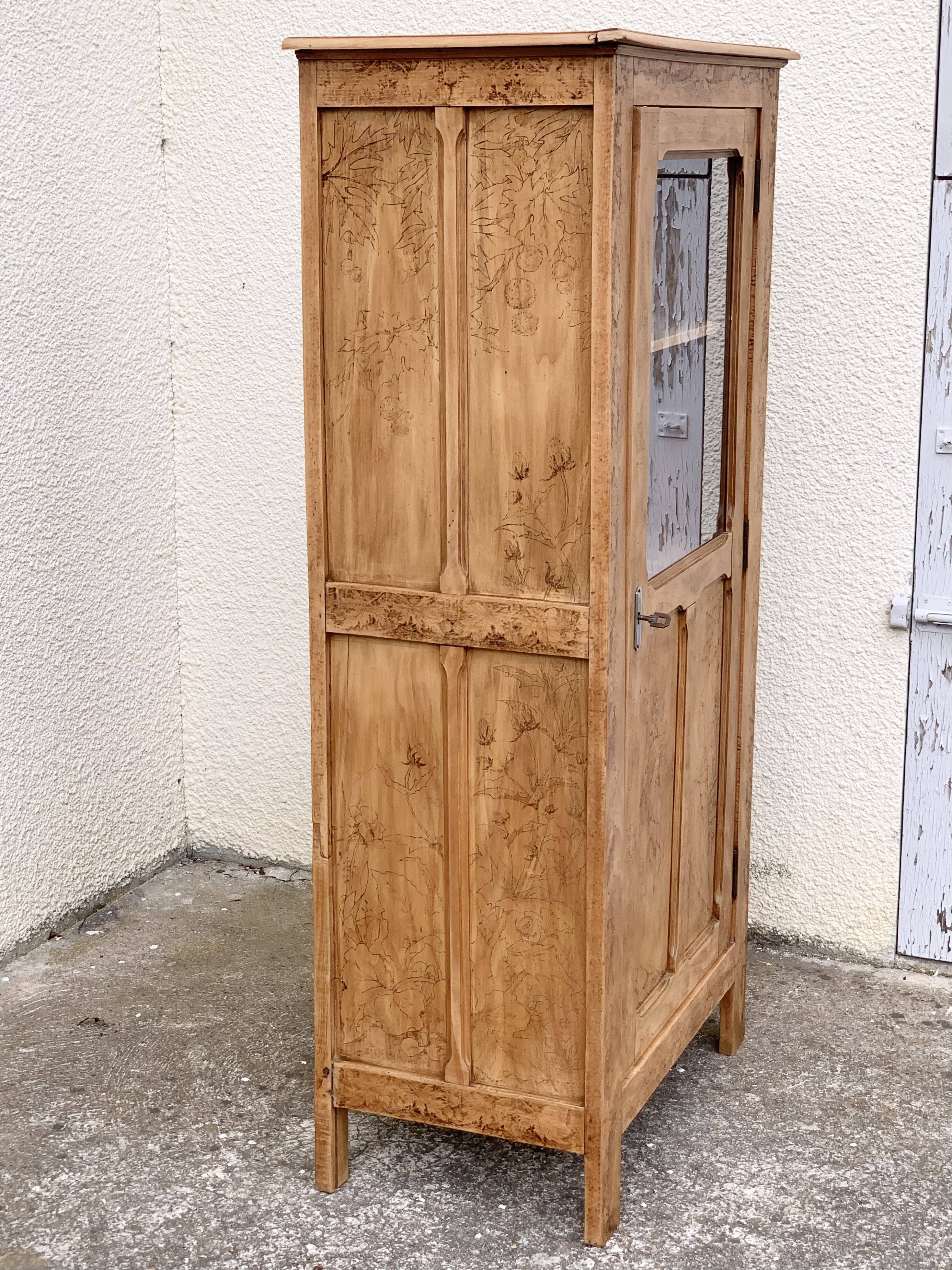 Parisian cabinet glazed raw wood nymphs and carved art nouveau decorations